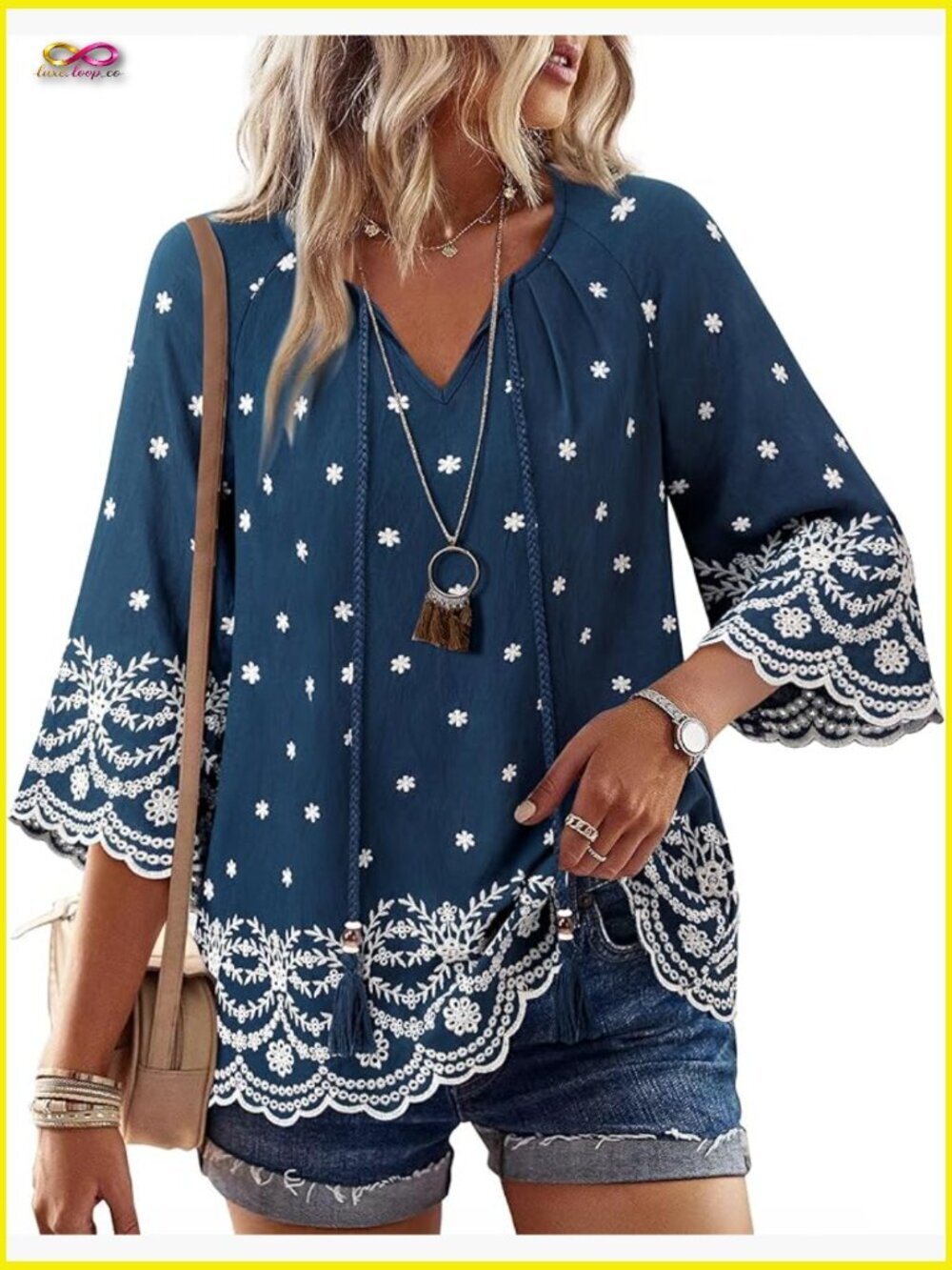 Boho Embroidered Blouse 3/4 Sleeve V Neck Flowy Summer Tunic Top - Picture 1 of 7
